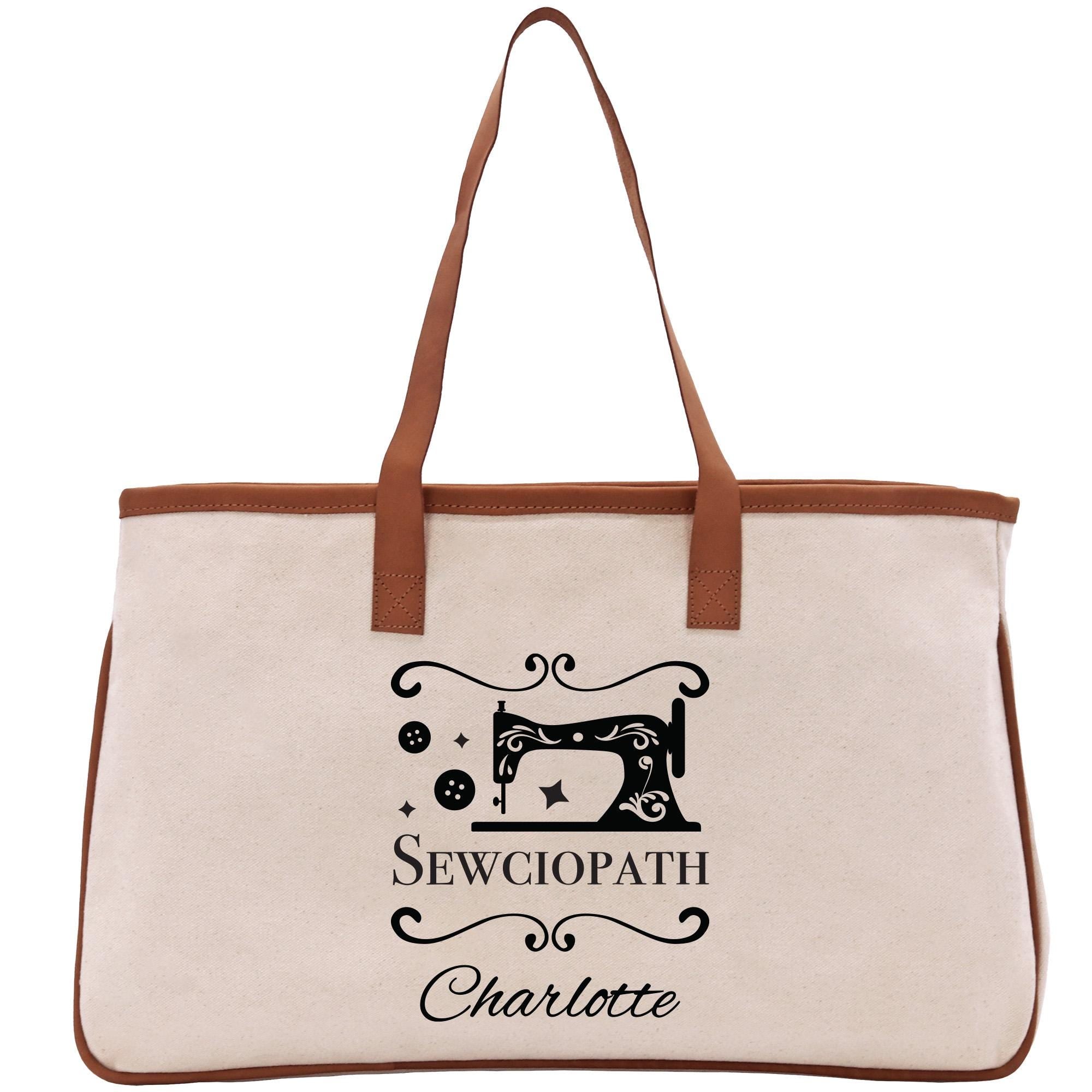 a canvas bag with a sewing machine on it