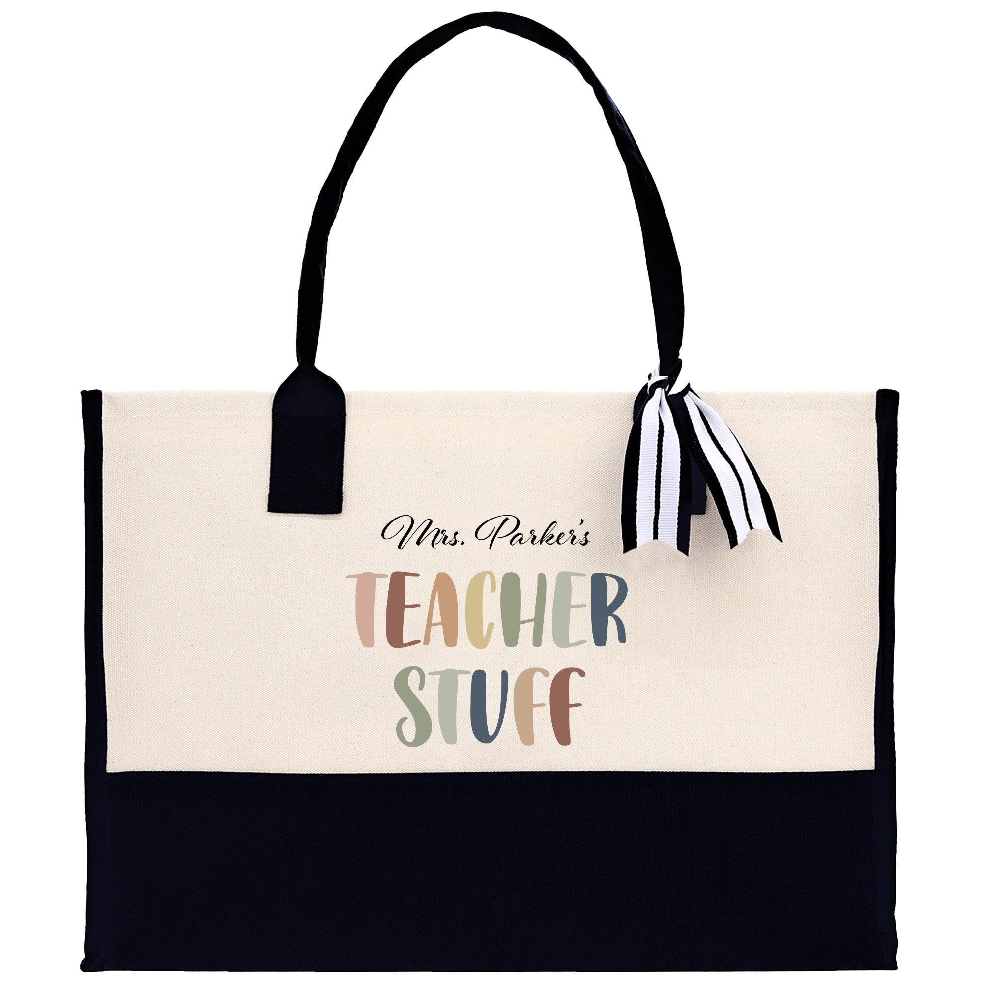 A tote bag with a black and white striped ribbon attached to it, featuring a message that says &quot;Mrs. Parker&#39;s Teacher Stuff&quot;.