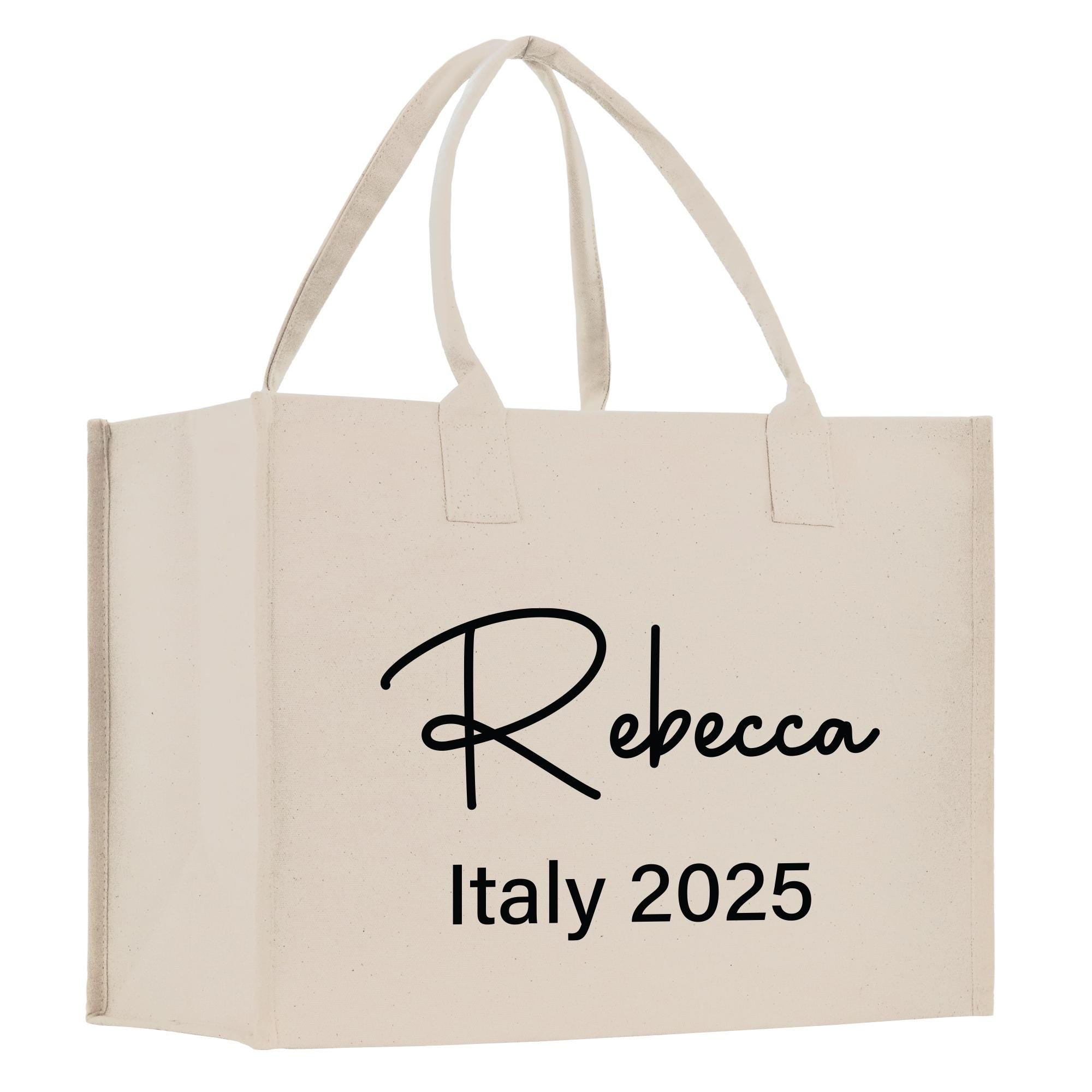 a white shopping bag with a black logo on it