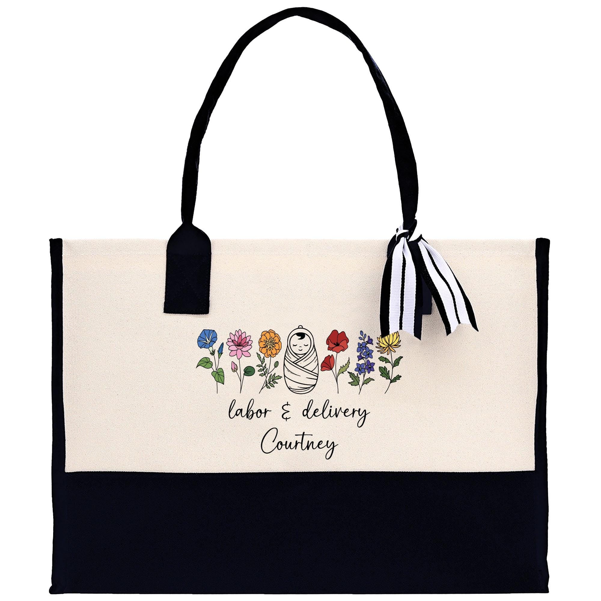 a black and white tote bag with a cartoon character on it