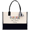 a black and white tote bag with a cartoon character on it