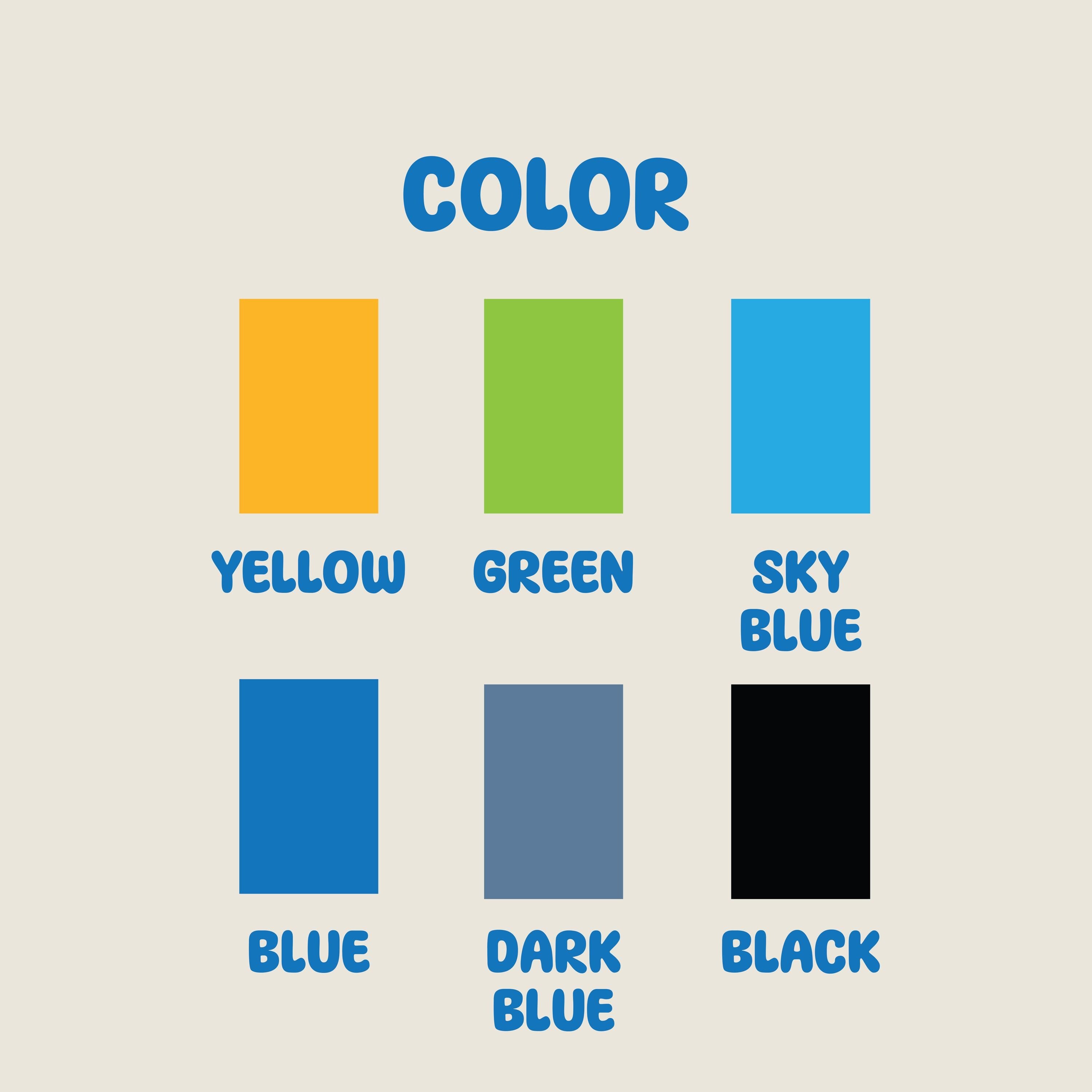 a color chart with different shades of blue, green, yellow, and black
