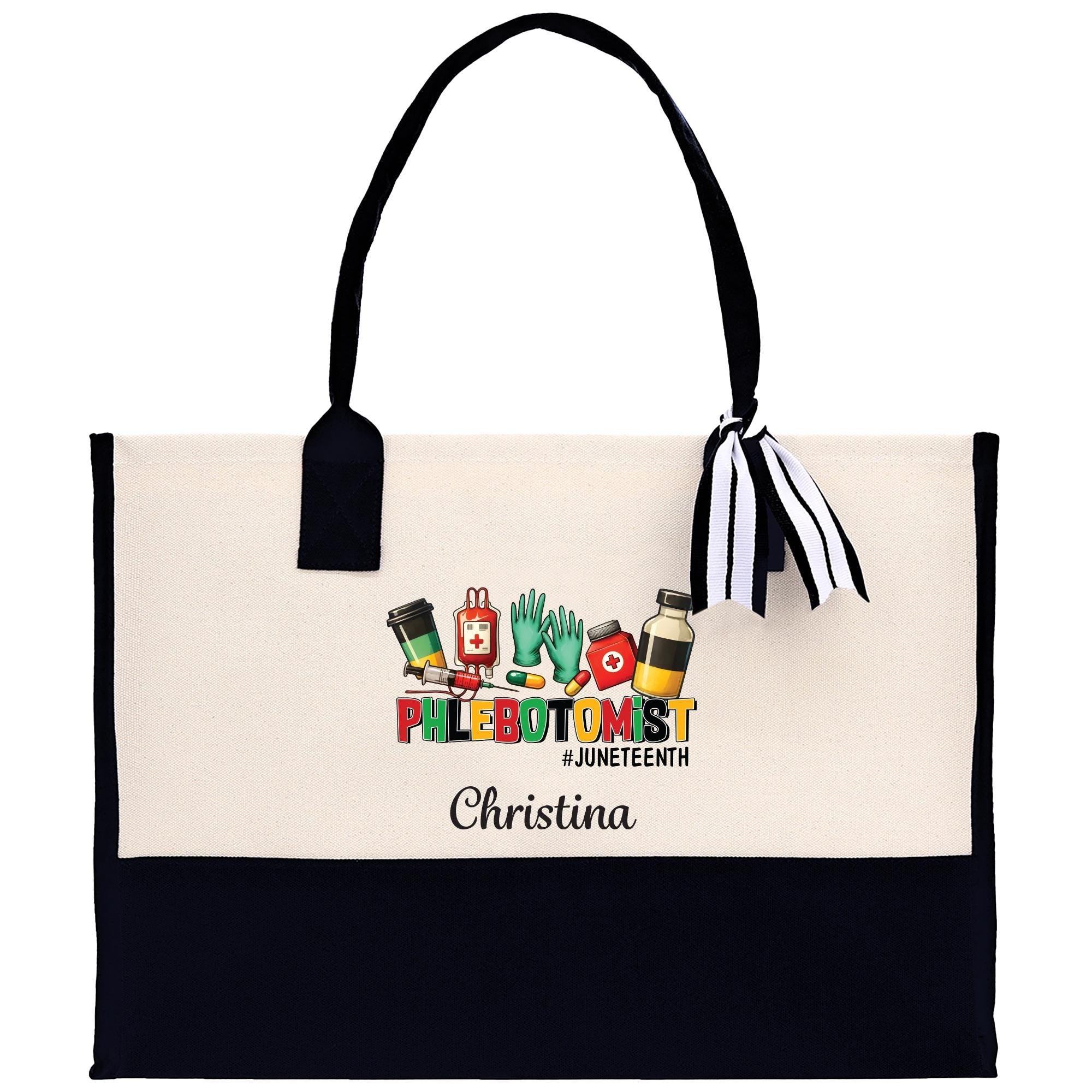 a white and black bag with a black handle
