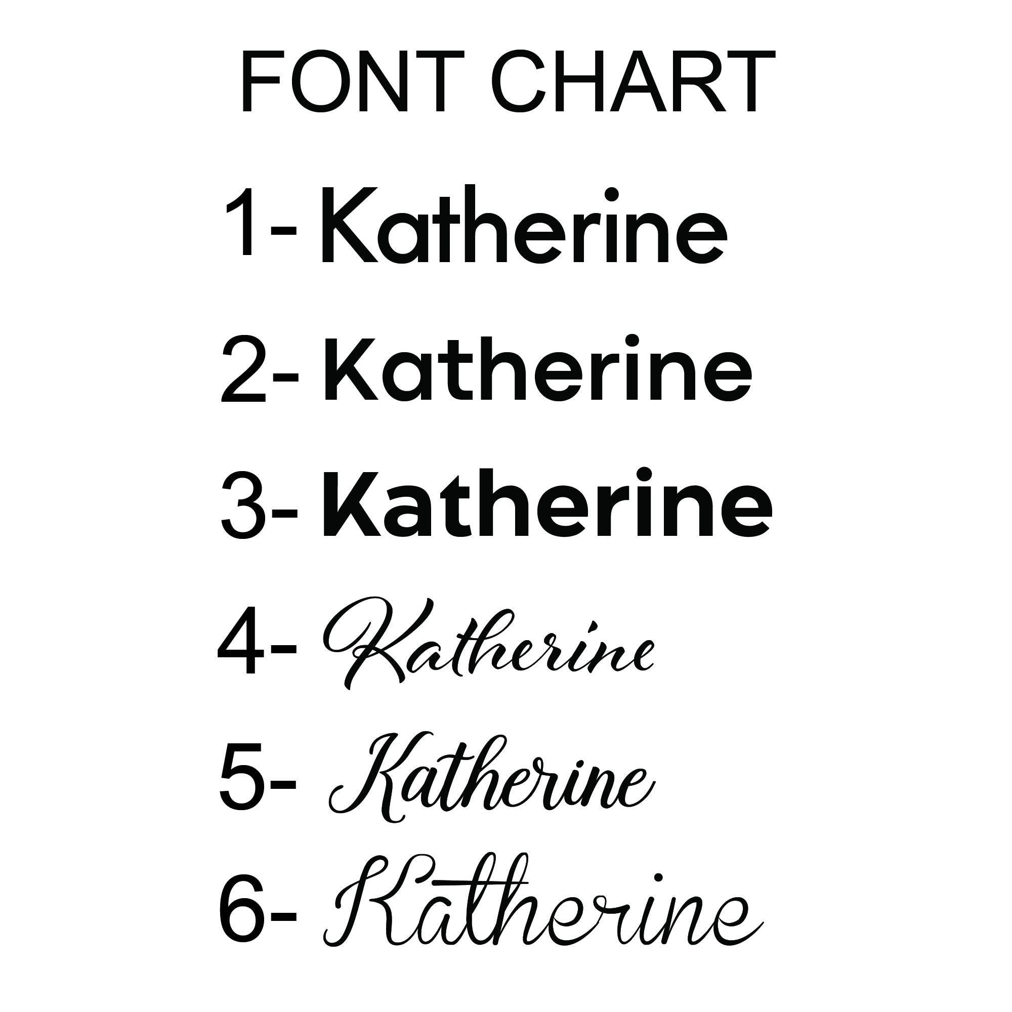 a font chart with the names of different fonts, including &quot;Katherine&quot; in various sizes and styles.