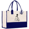A large tote bag with a white and blue color scheme, featuring a tennis player silhouette and the name "Kaitlyn" printed on it.
