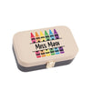A beige and black jewelry box with a colorful crayon design and the text "Miss Magi" printed on it.