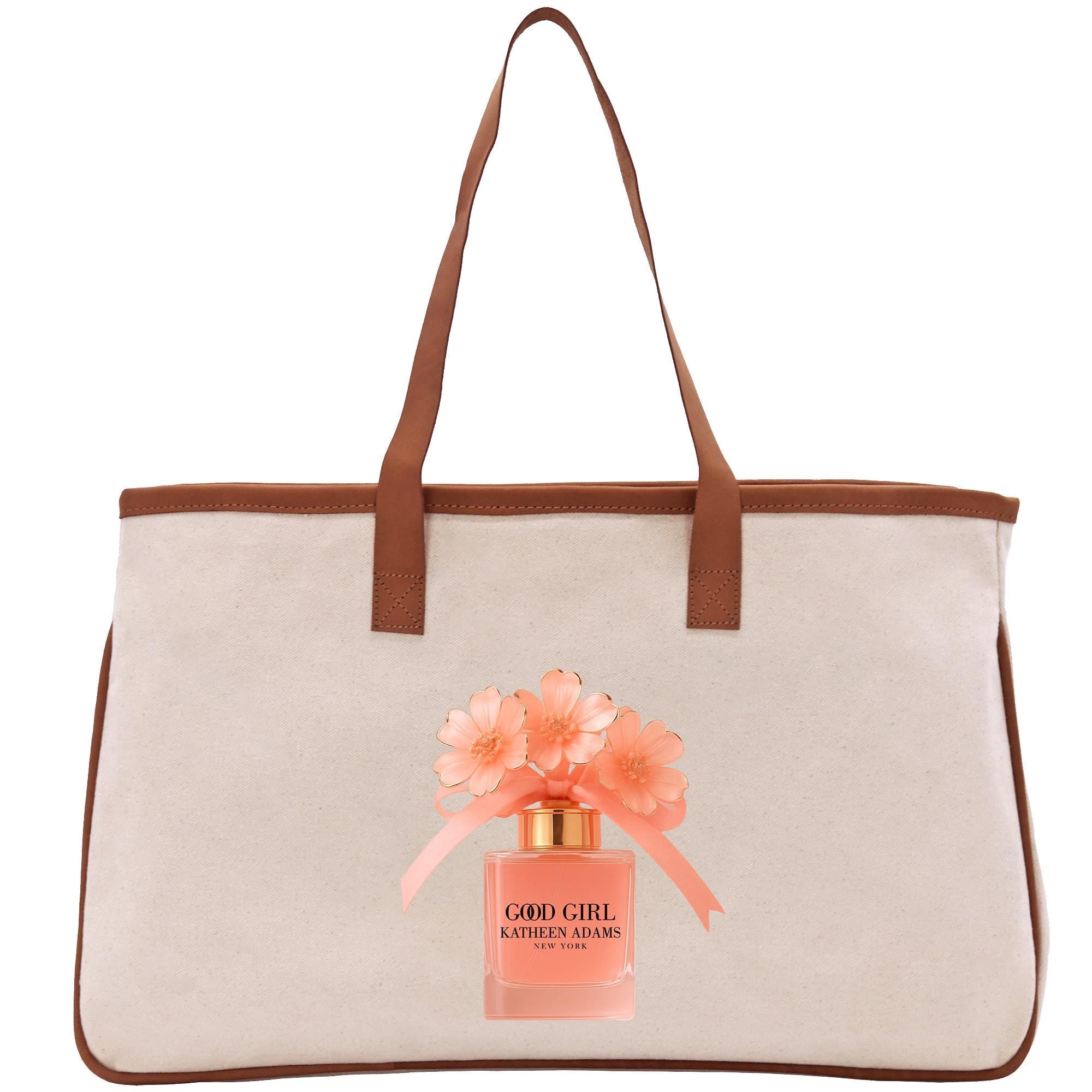 A tan tote bag with a brown handle and a bottle of perfume featuring orange flowers on top.