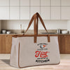 a white bag with a brown handle on a kitchen counter