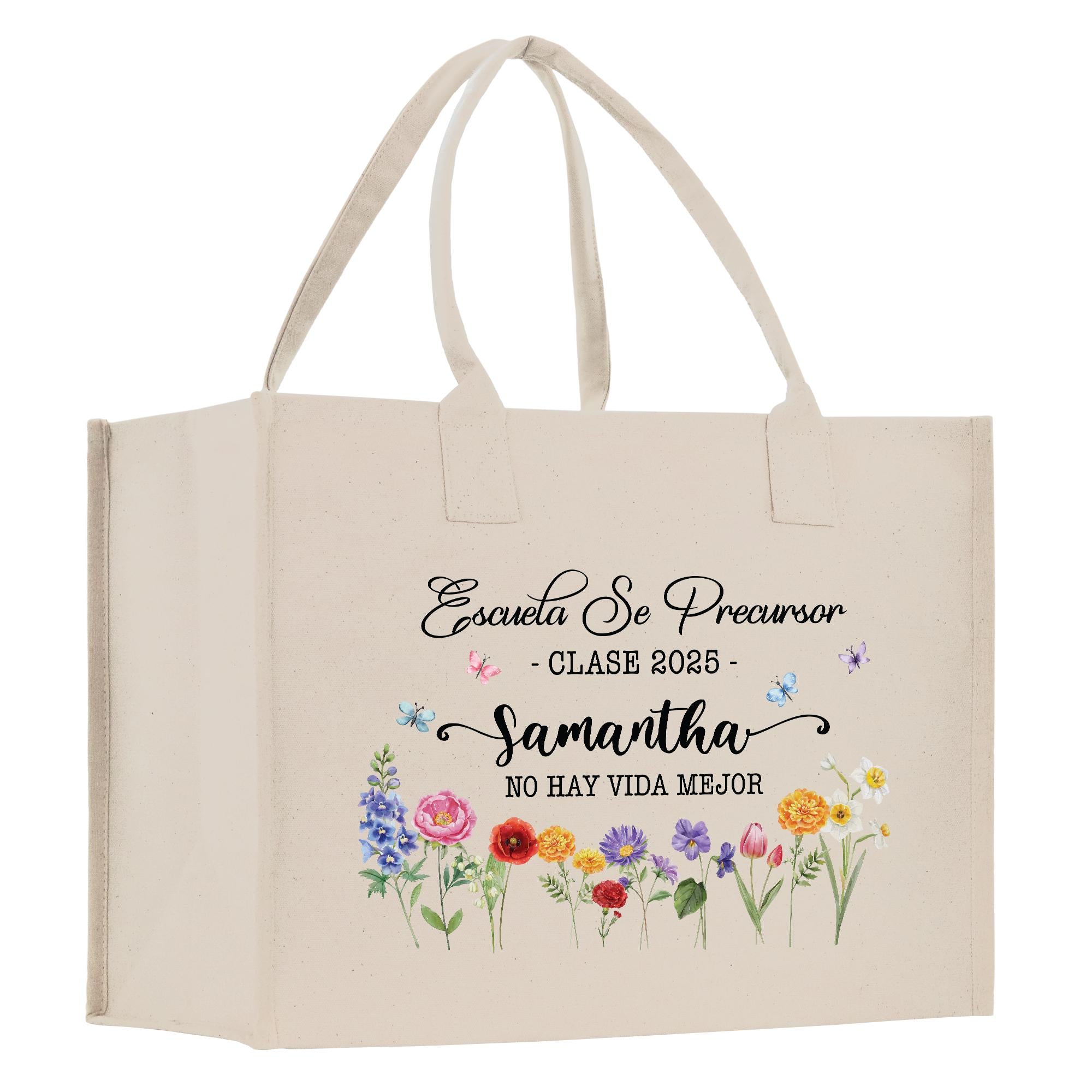 A beige canvas tote bag with a floral design and text printed on it.