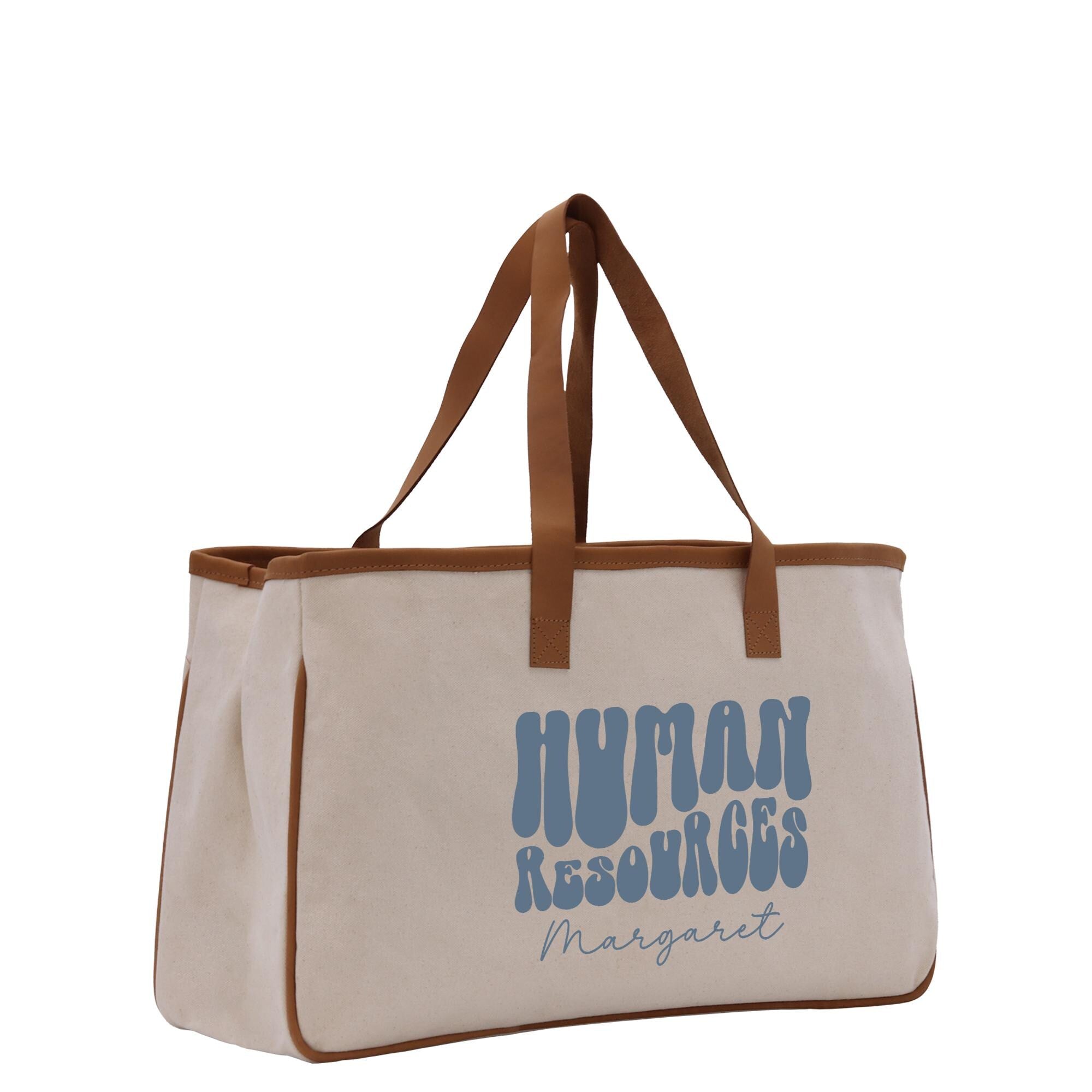 A beige canvas tote bag with the text &quot;HUMAN RESOURCES Margaret&quot; printed on it.