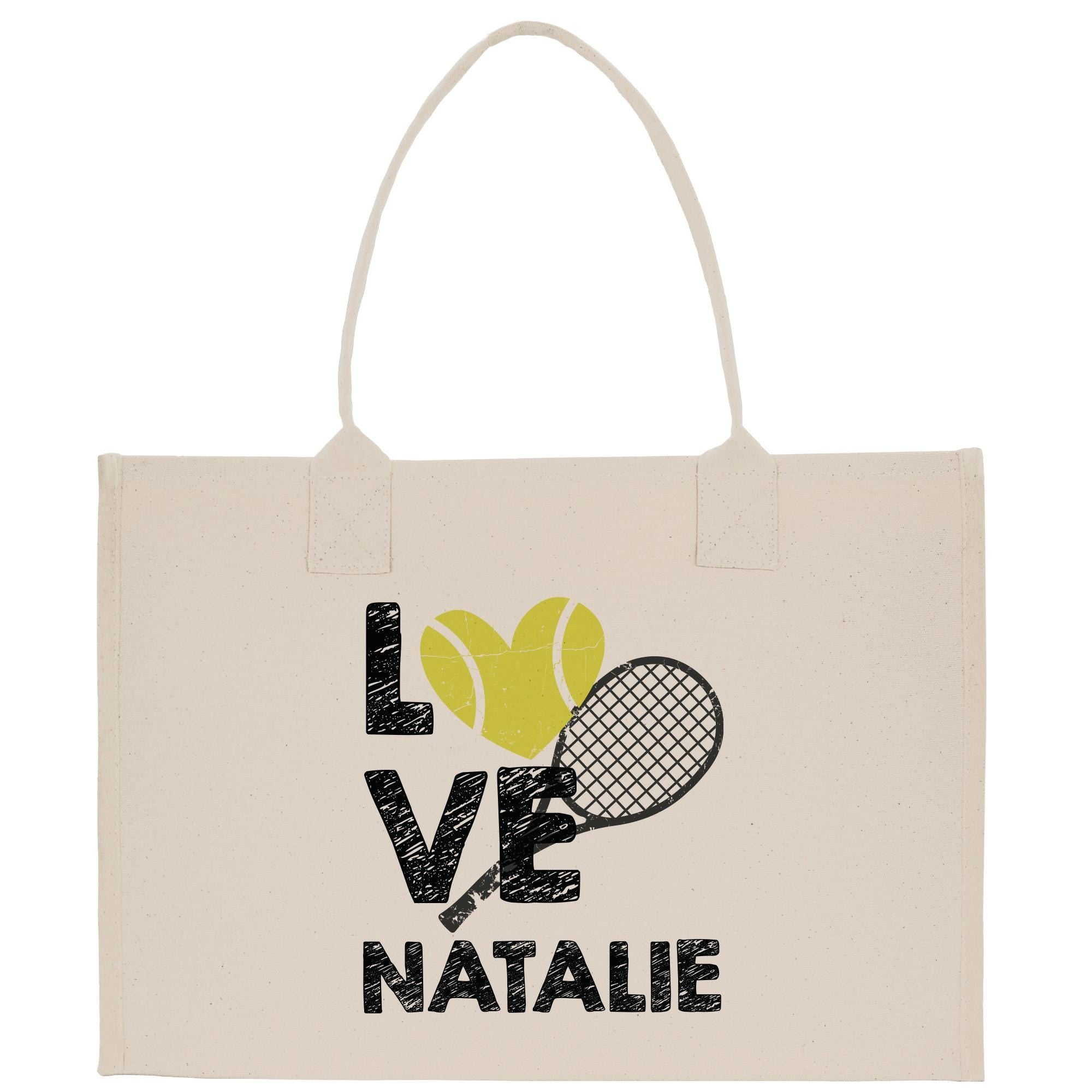 a tote bag with a tennis ball and racquet on it