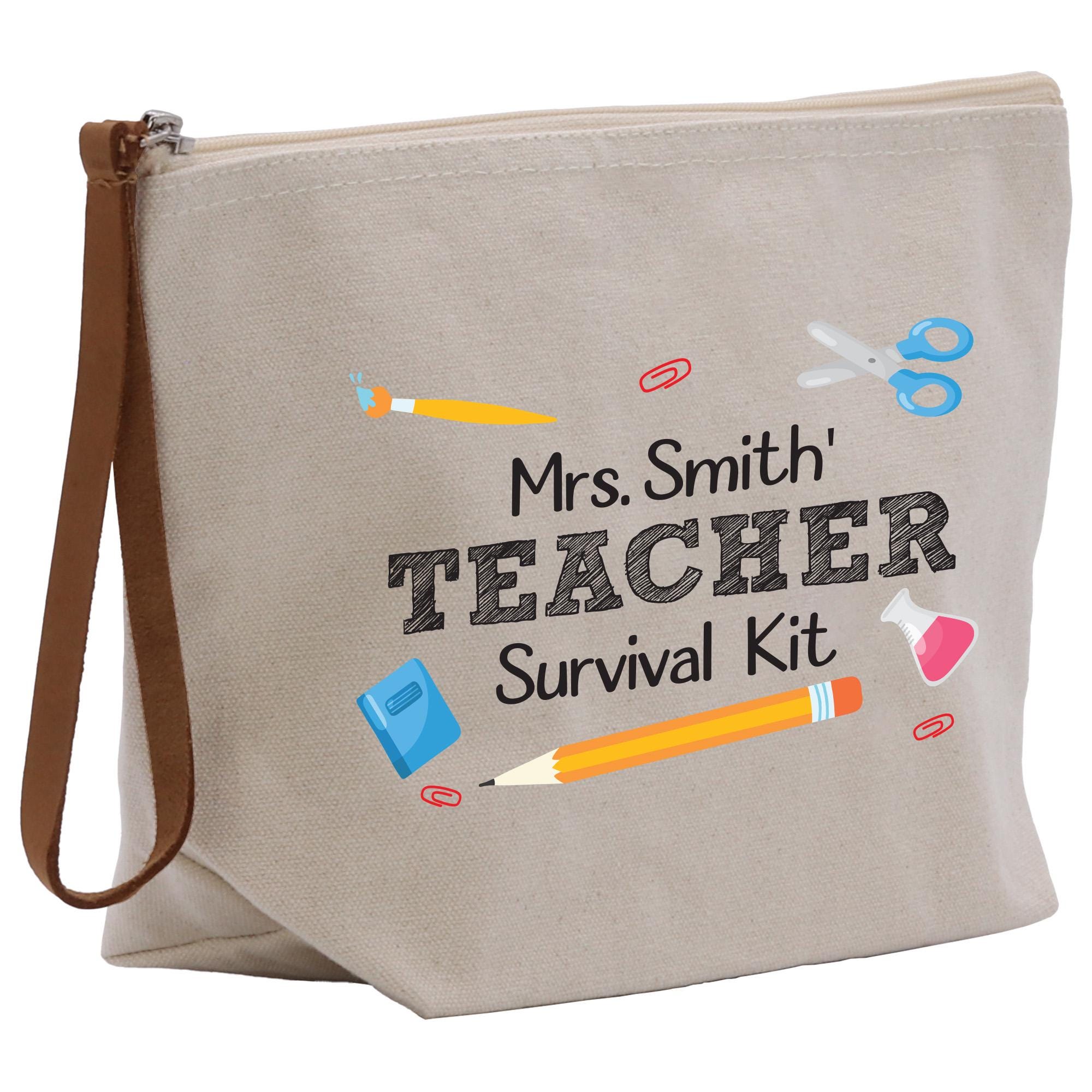 a canvas bag with a teacher survival kit on it