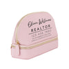 A pink cosmetic bag with a business card printed on it.