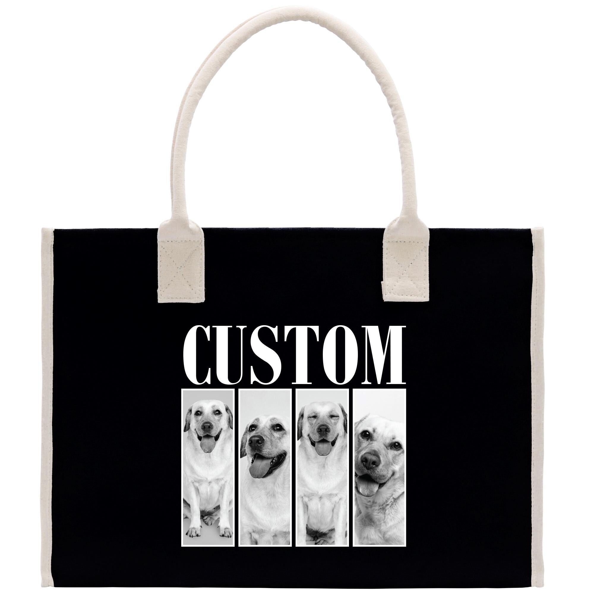 A black tote bag with a white handle and the word &quot;CUSTOM&quot; printed on it. The bag has a collage of four black and white photographs of dogs, each with a different expression.