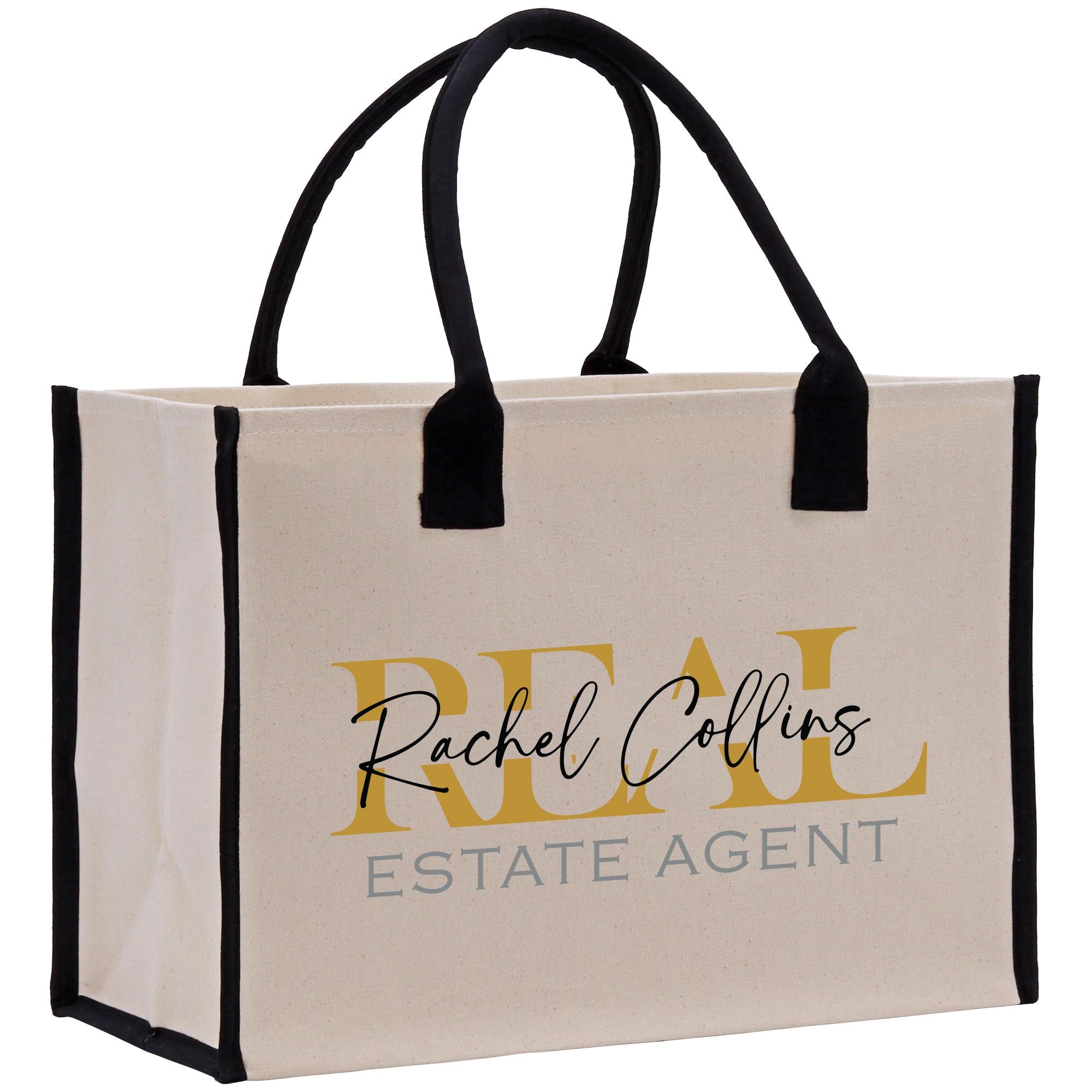 a white bag with black handles and a logo on it