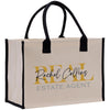 a white bag with black handles and a logo on it