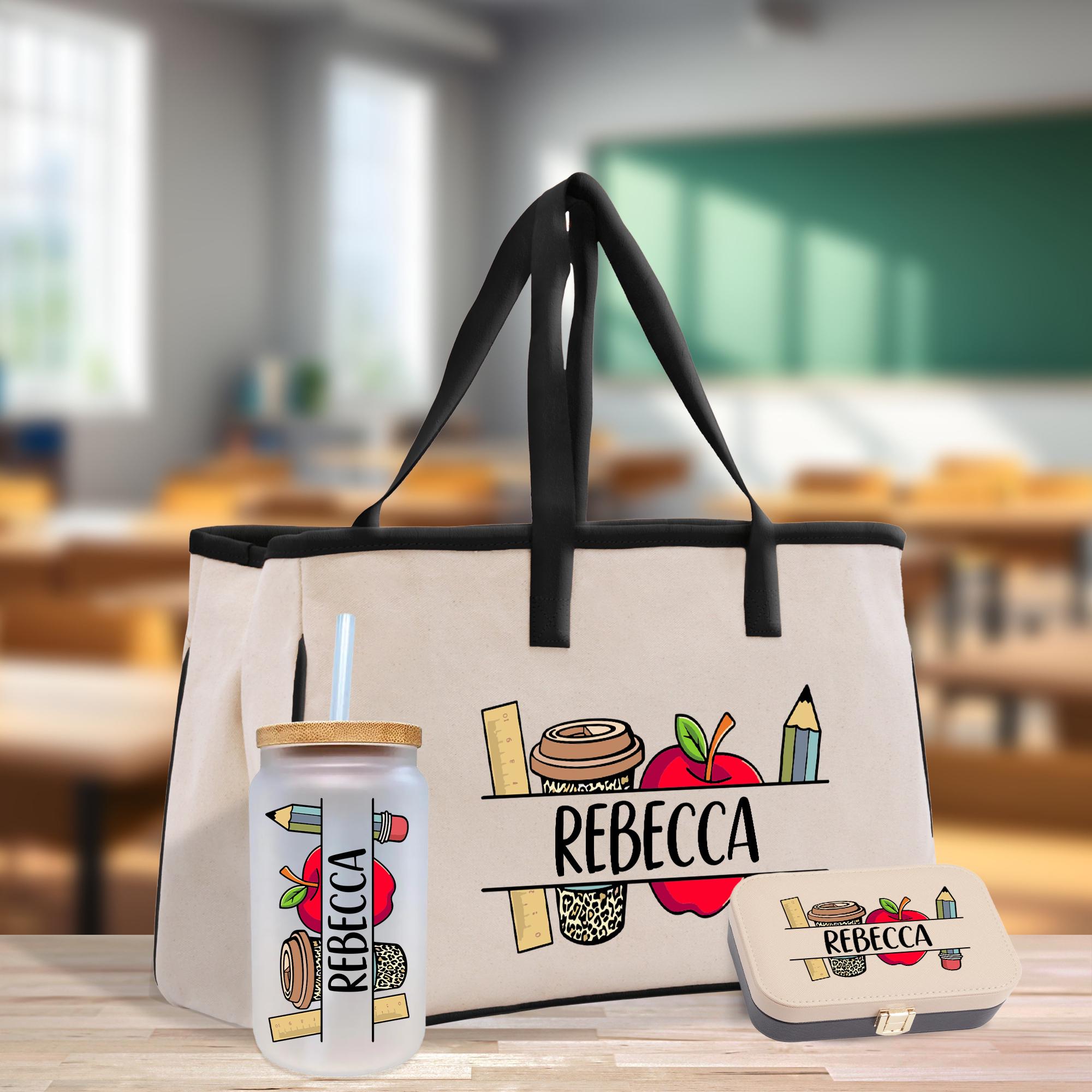 a reebca bag and a drink on a table