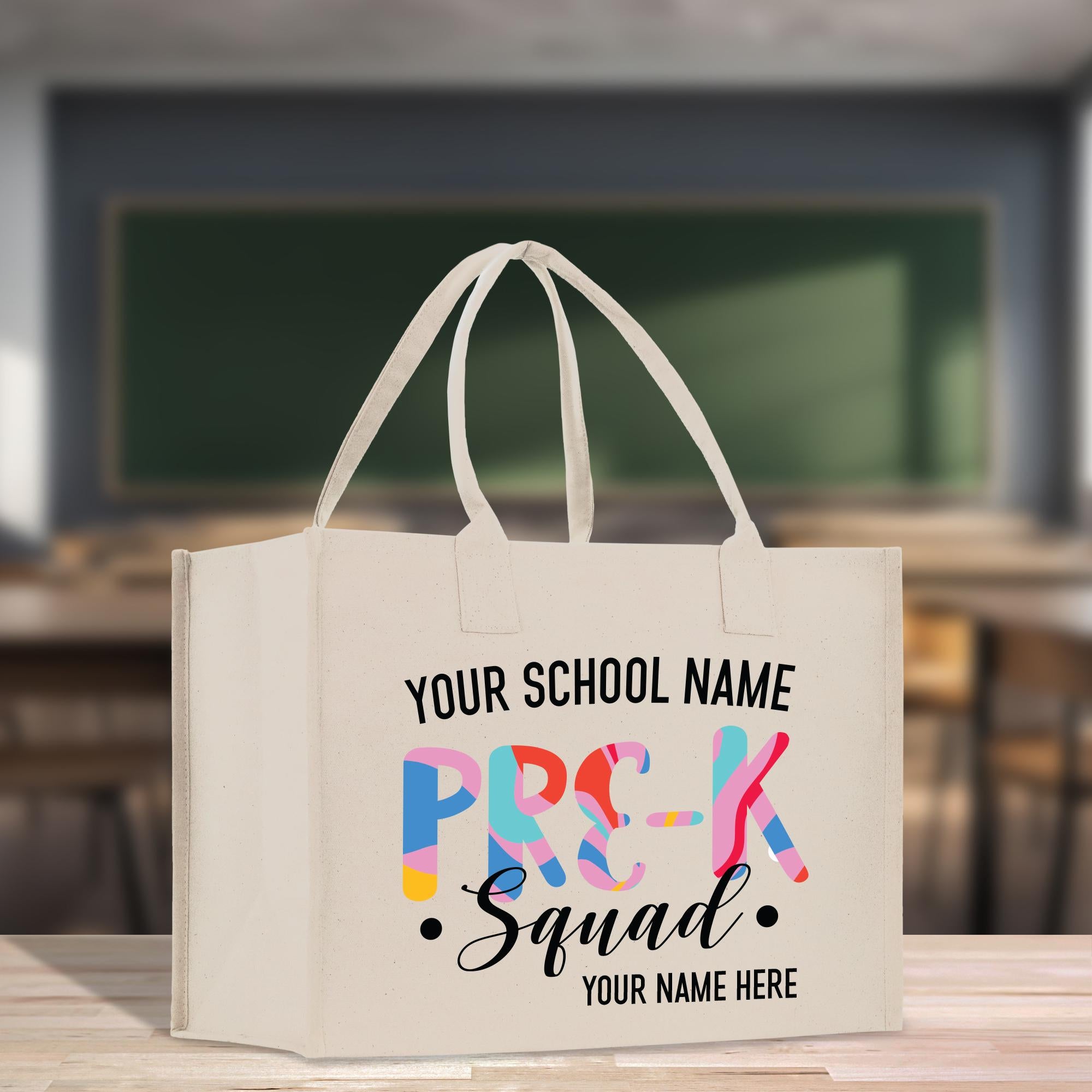 a white bag with a name on it sitting on a table