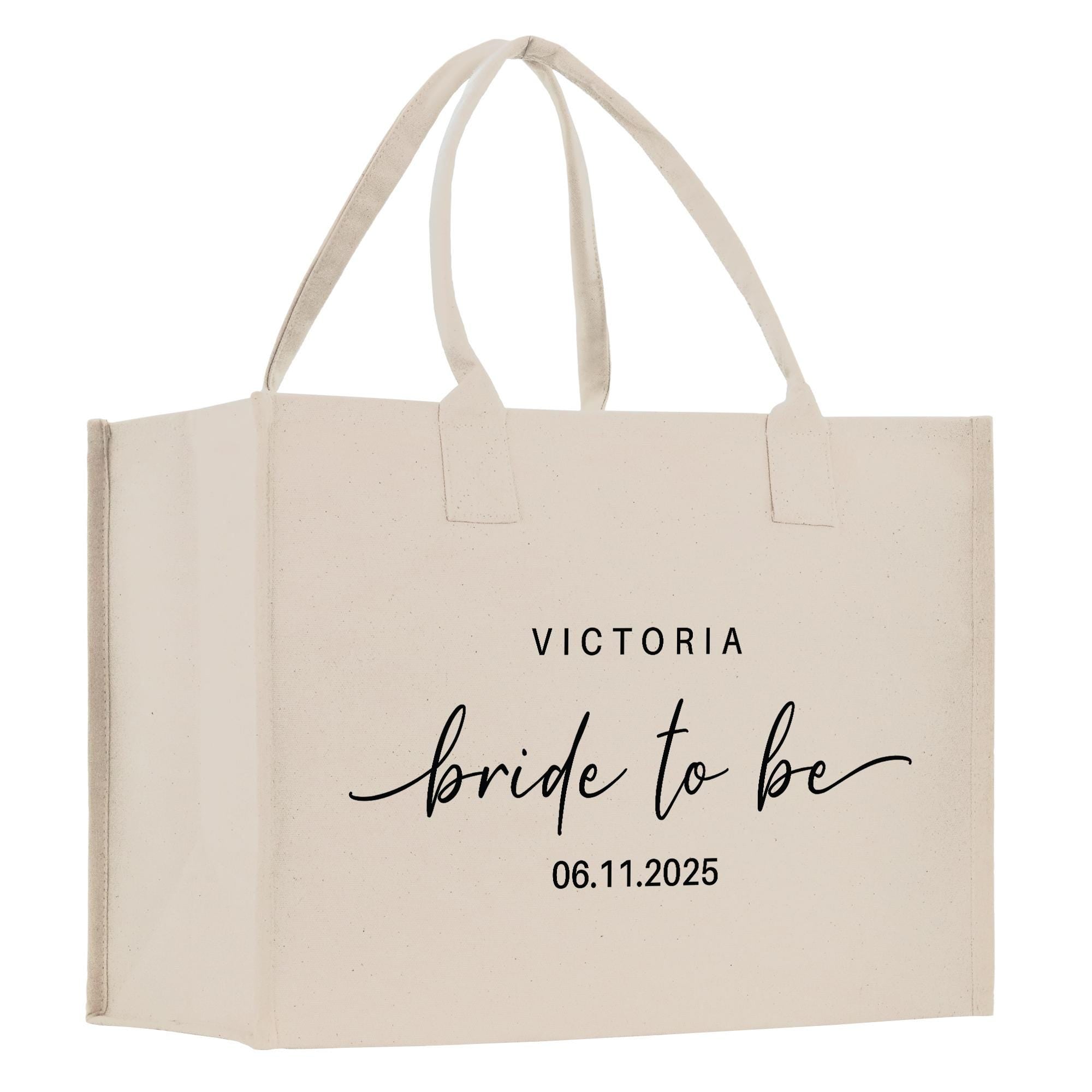 a white tote bag with the words victoria bride to be printed on it