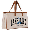a white bag with a brown handle and a lake life logo on it