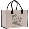 a white bag with black handles and a house logo on it