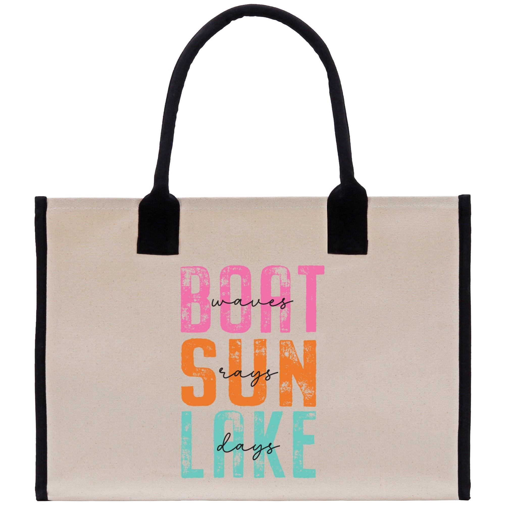 a canvas bag with the words boot sun lake printed on it