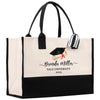 A beige tote bag with a graduation cap and mortarboard printed on it, along with the text "Benda Miller Yale University 2020".