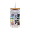 A frosted glass tumbler with a bamboo lid and a straw, featuring a colorful crayon design and the text "Miss Magi" printed on it.
