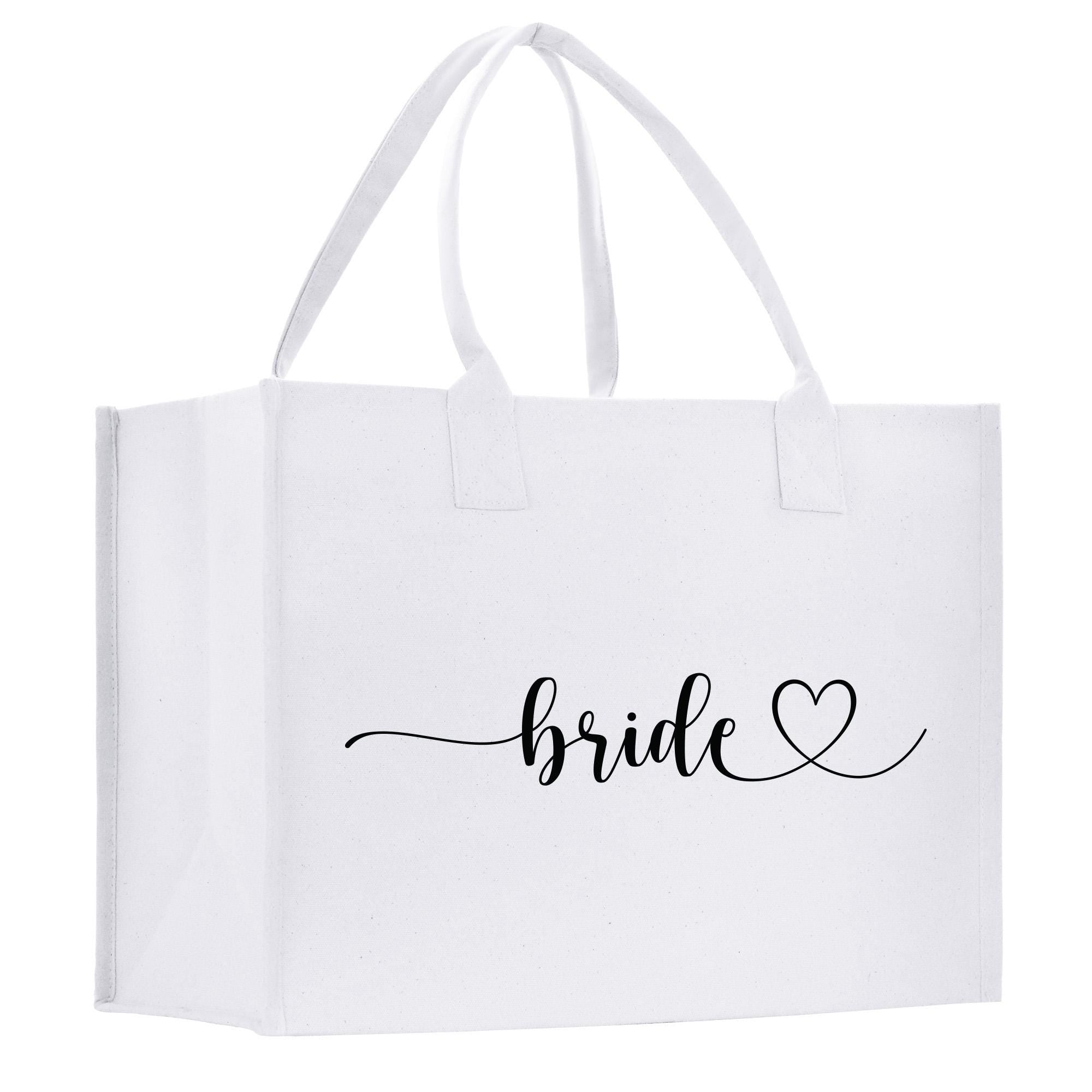 a white tote bag with the word bride printed on it