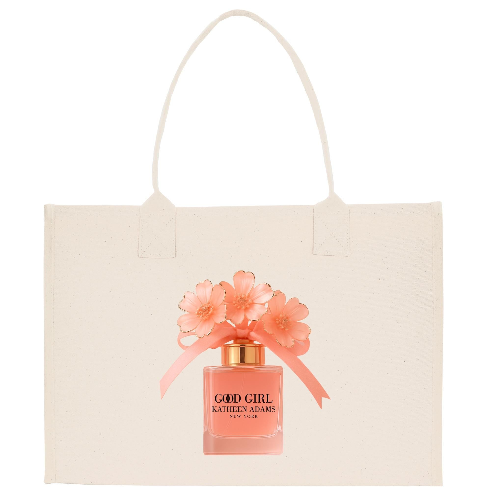 A white tote bag with a printed image of a perfume bottle and flowers on it.