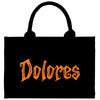 A black shopping bag with the word "Dolores" printed on it in an orange font.