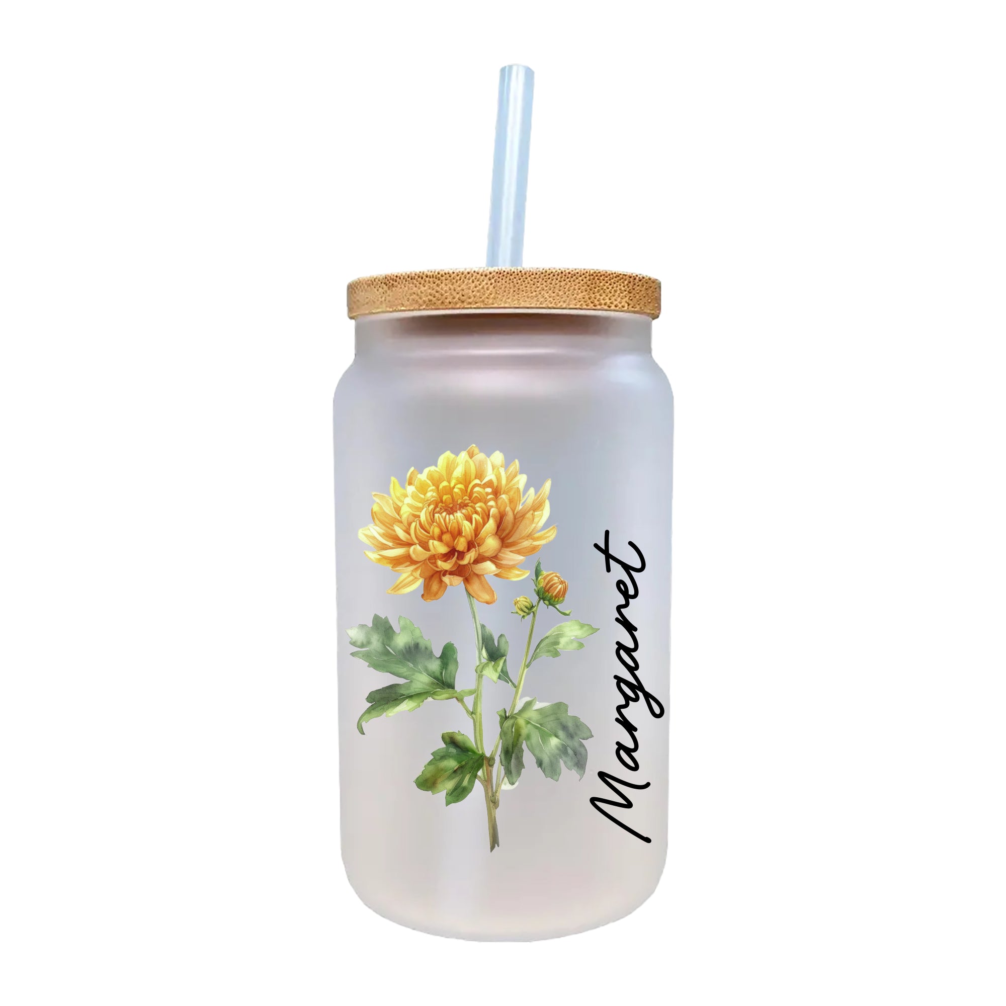 a glass jar with a yellow flower painted on it
