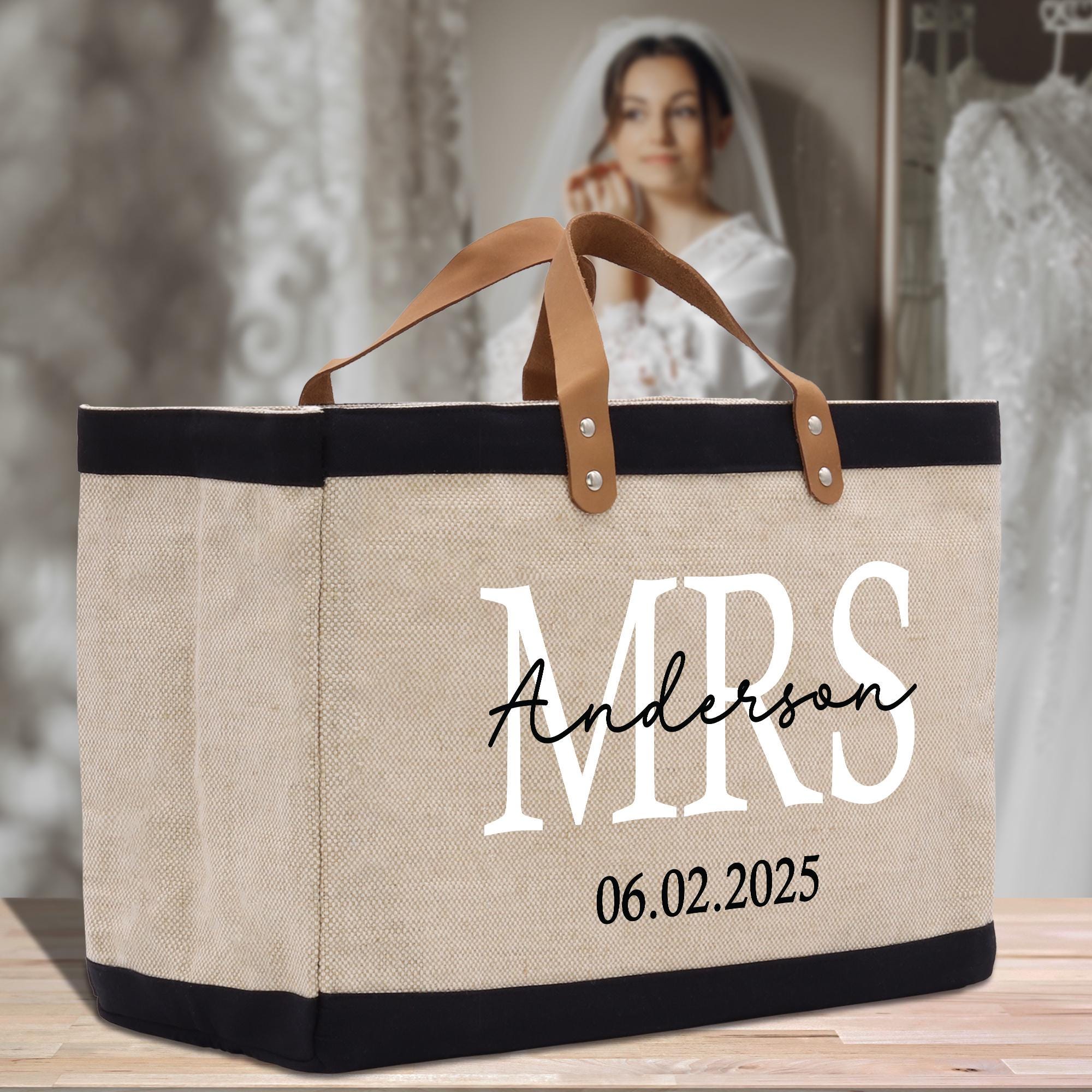a canvas tote bag with a bride&#39;s name on it