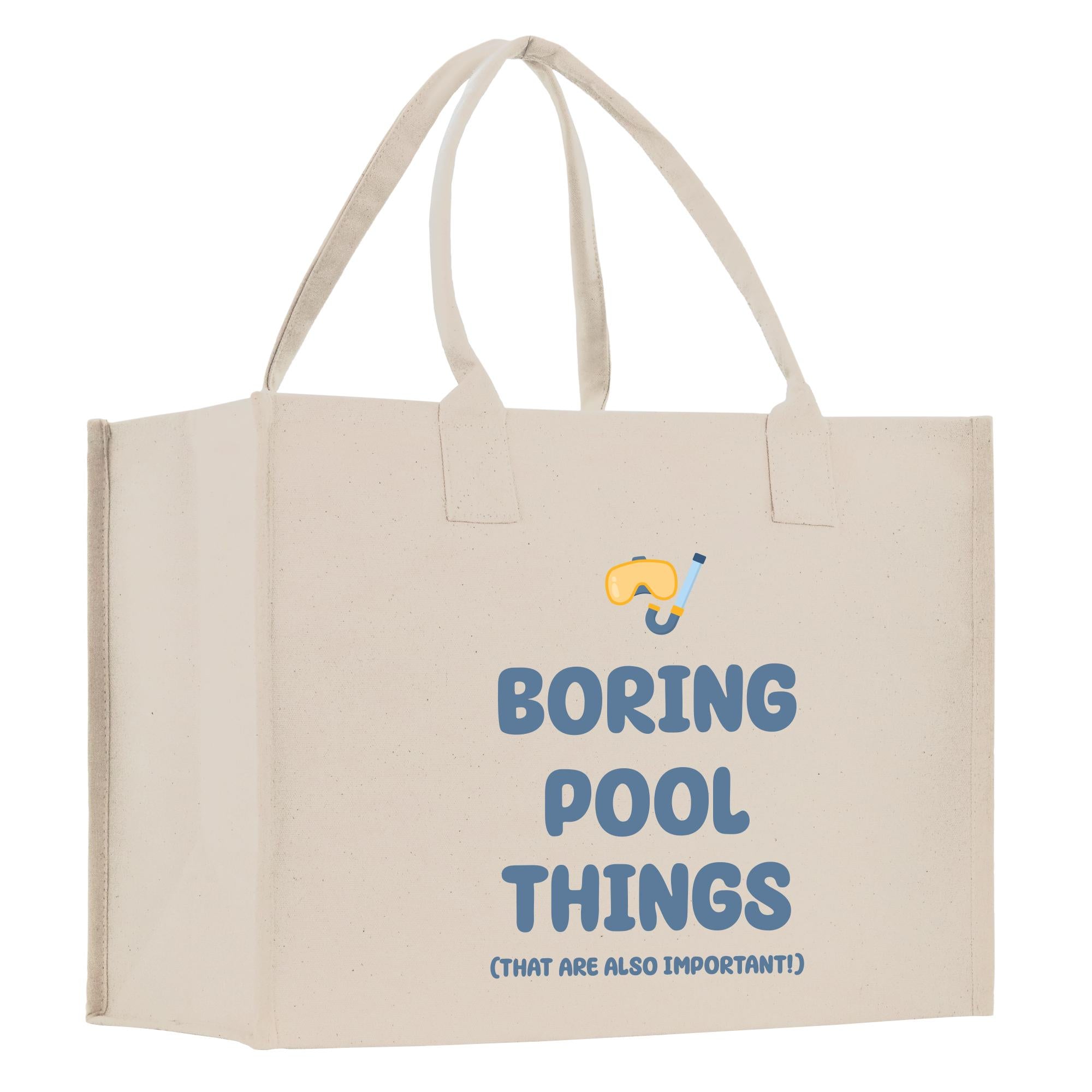 a white shopping bag with the words boring pool things printed on it