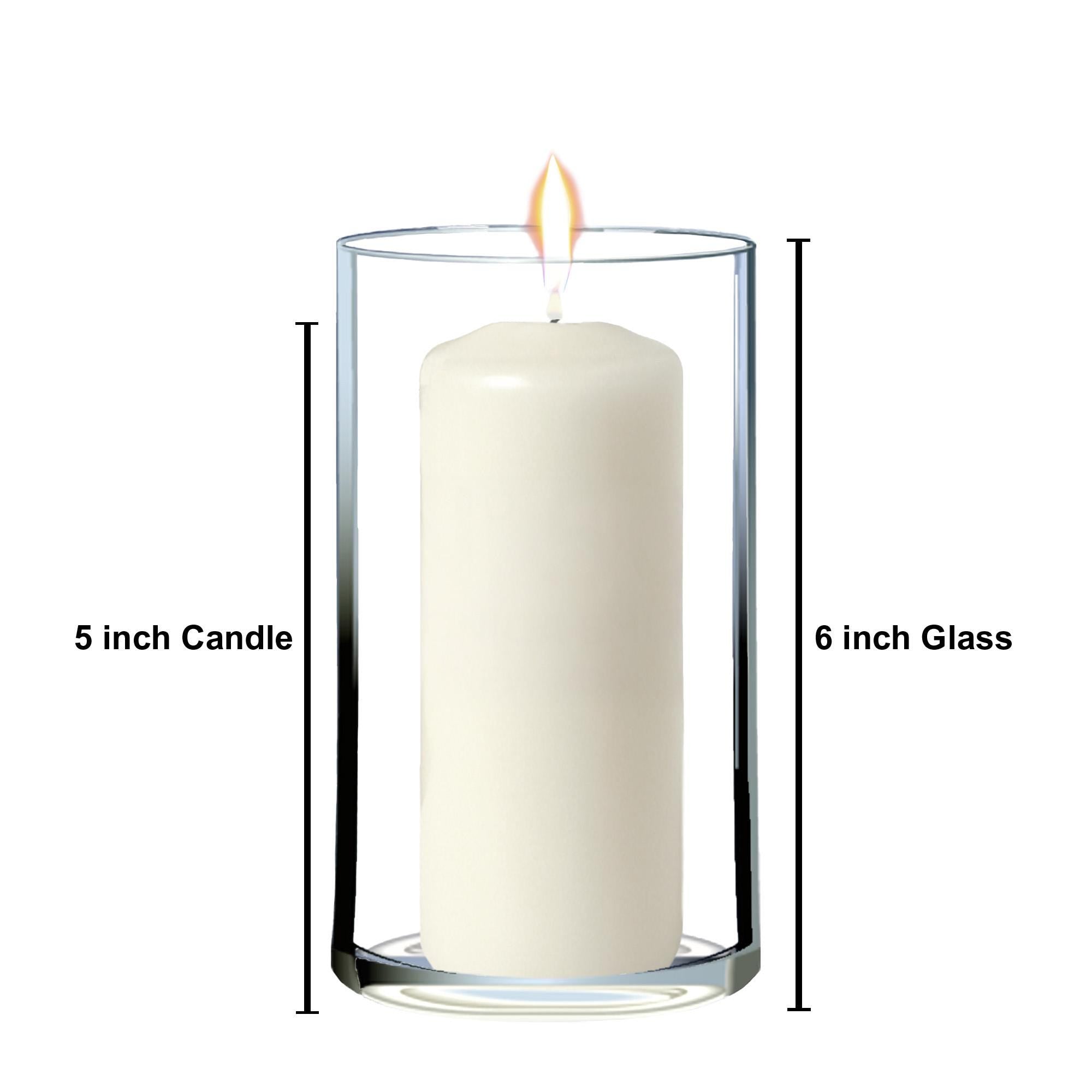 A 5-inch candle is placed inside a 6-inch glass, with the candle&#39;s flame visible.