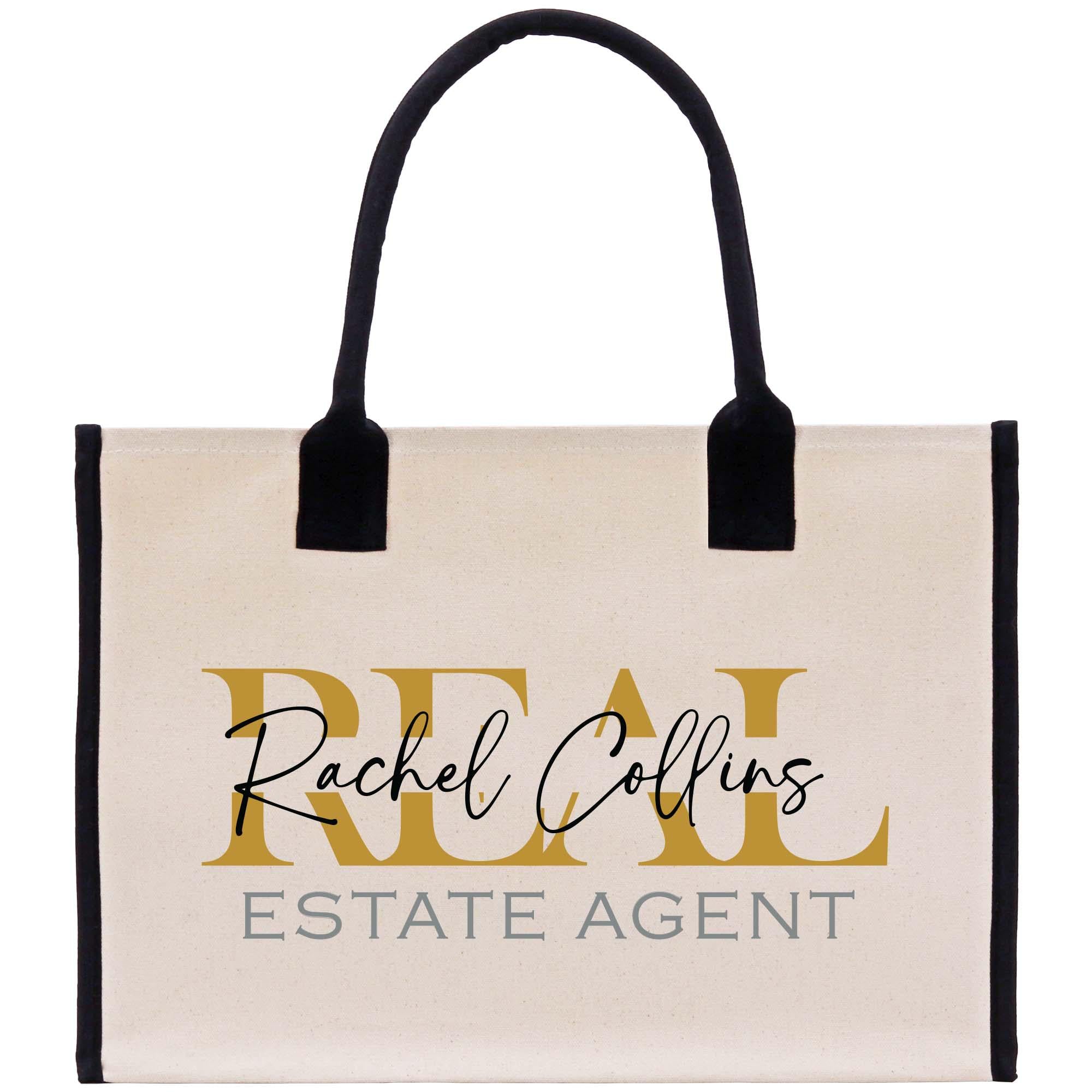 a white bag with black handles and a logo on it