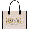 a white bag with black handles and a logo on it