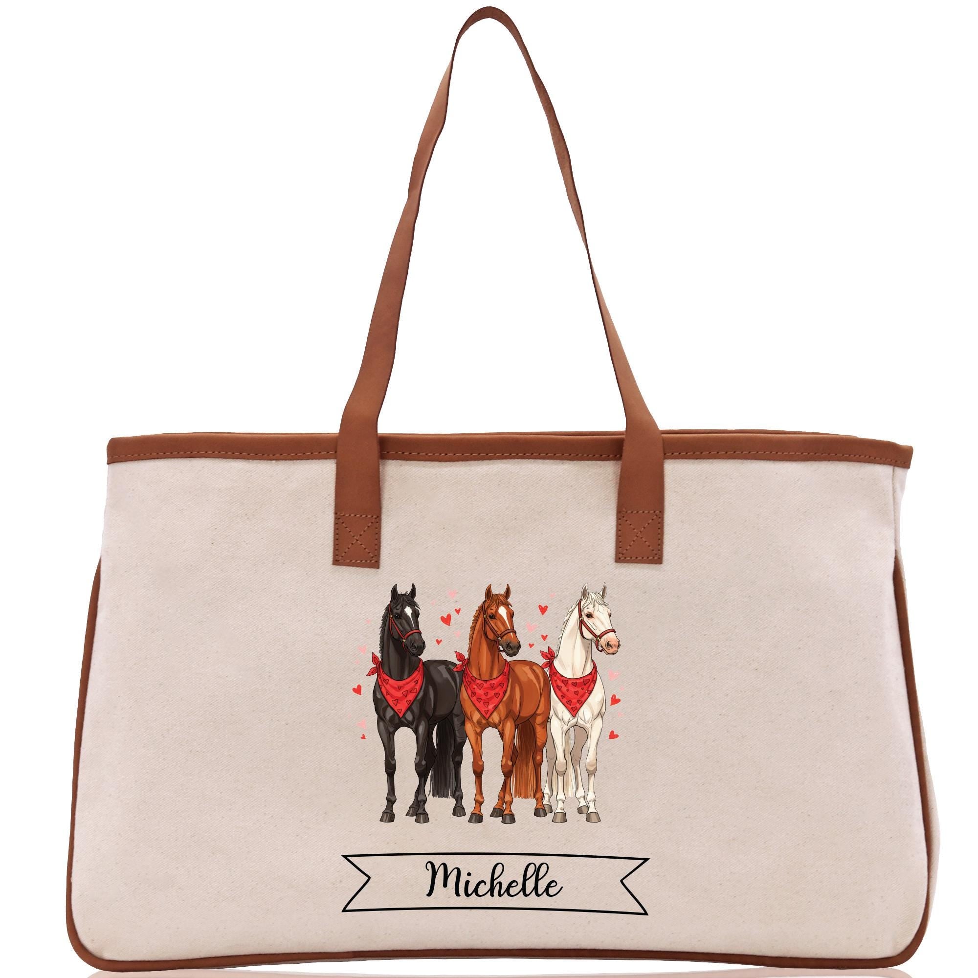 a white canvas bag with horses on it