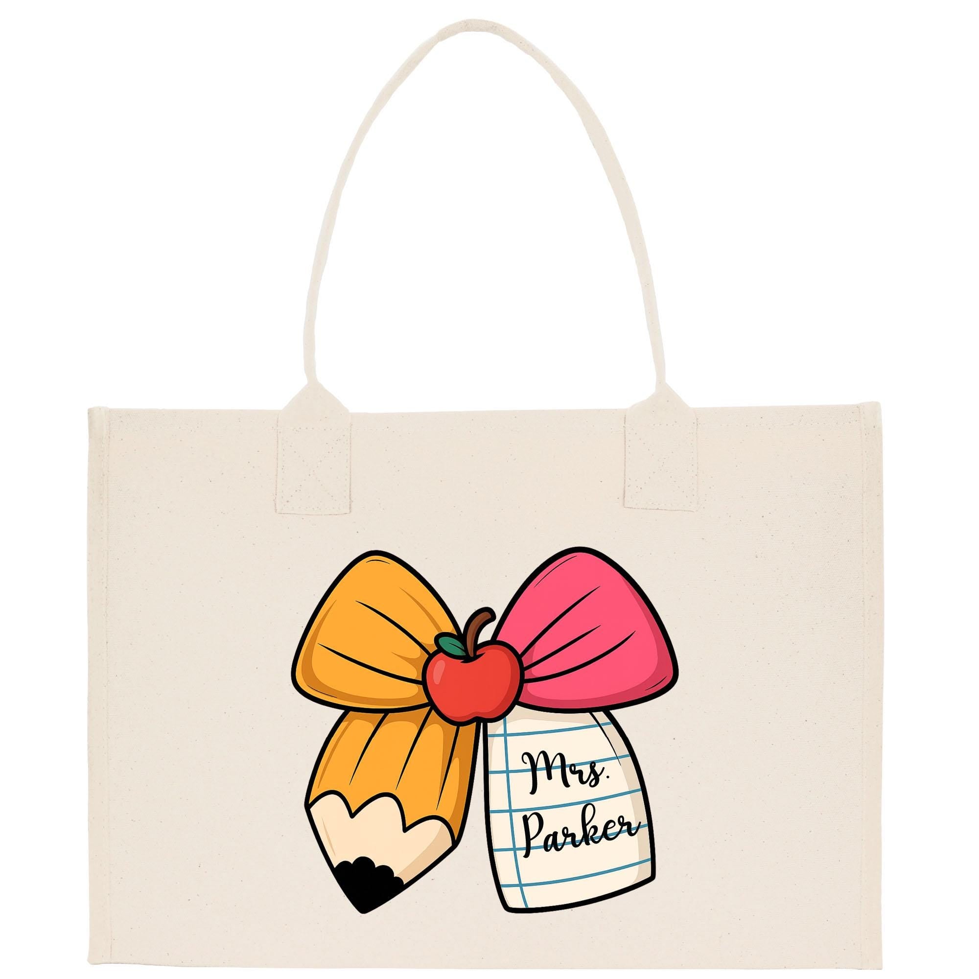 a tote bag with a pencil and an apple on it