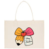 a tote bag with a pencil and an apple on it