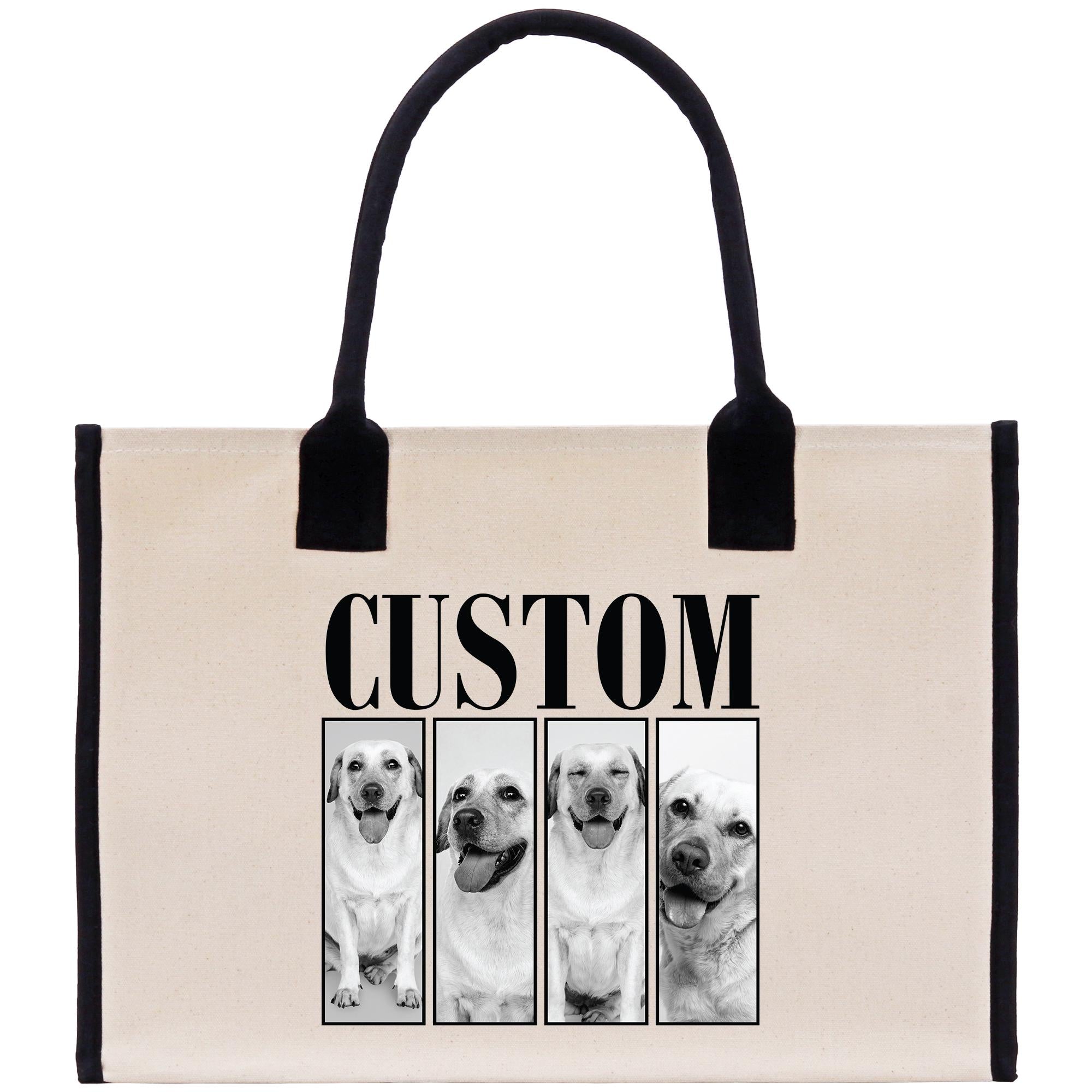 The image is a tote bag with a custom design featuring four black and white photographs of dogs, each with a different expression. The word &quot;CUSTOM&quot; is prominently displayed in the center of the bag.