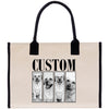 The image is a tote bag with a custom design featuring four black and white photographs of dogs, each with a different expression. The word "CUSTOM" is prominently displayed in the center of the bag.