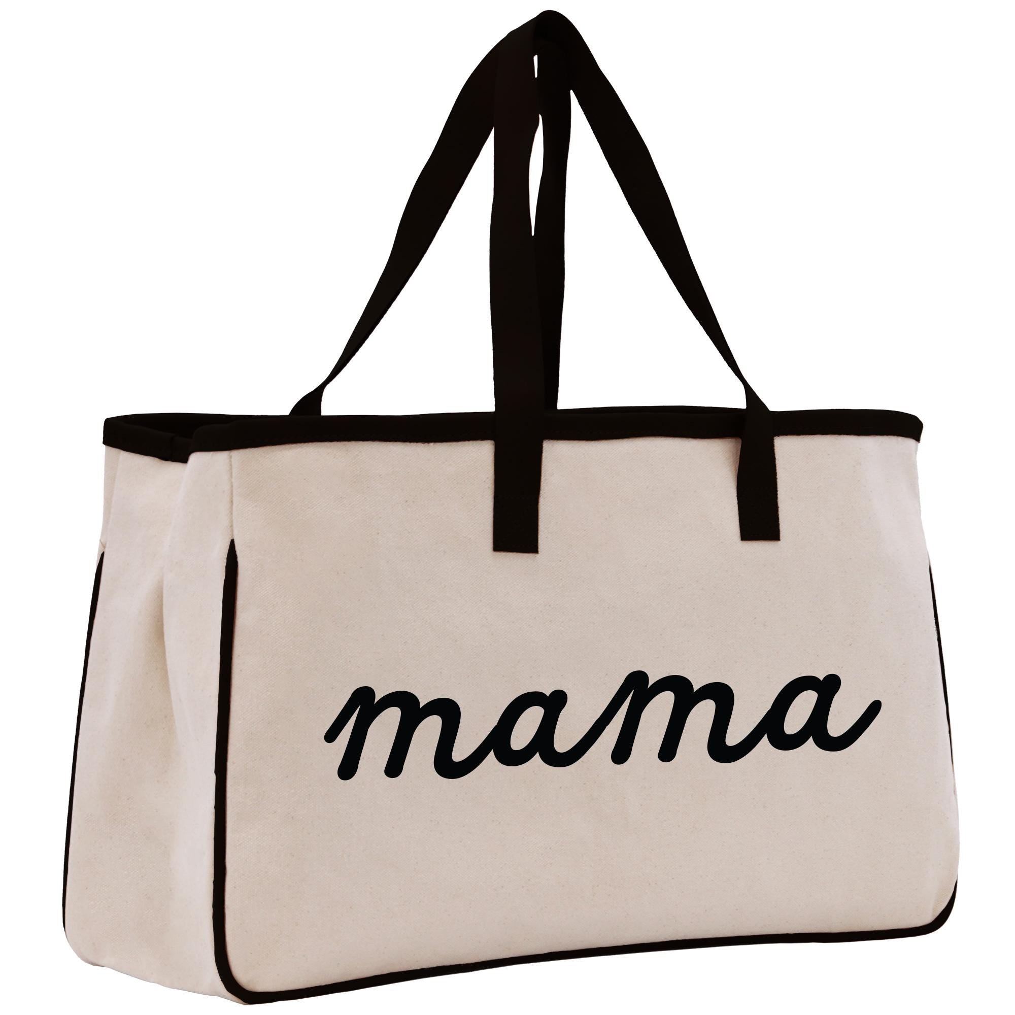 A beige canvas tote bag with the word &quot;mama&quot; printed in black cursive text.