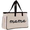 A beige canvas tote bag with the word "mama" printed in black cursive text.