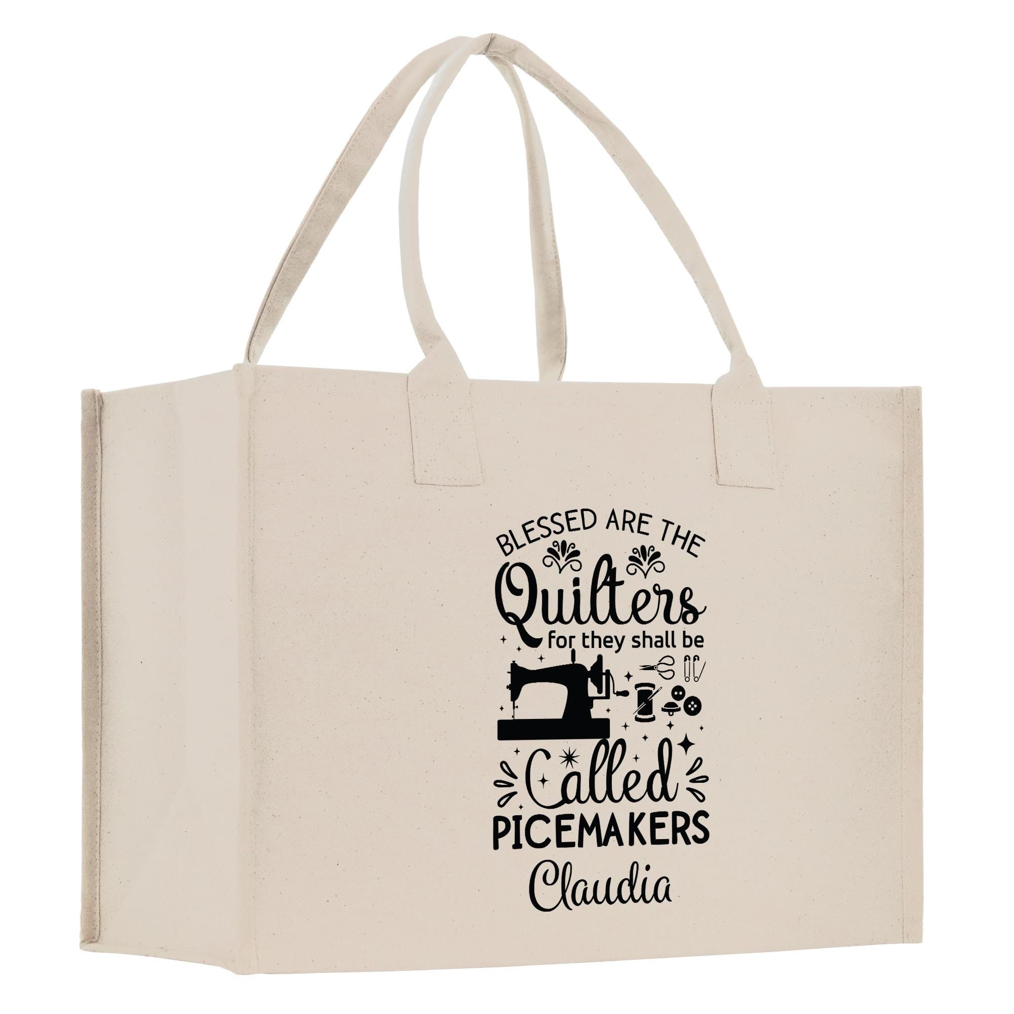 a canvas bag with a sewing quote on it