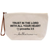 A beige canvas tote bag with the text "TRUST IN THE LORD WITH ALL YOUR HEART" printed on it, along with a heart symbol and the Bible verse "proverbs 3:5" below it.