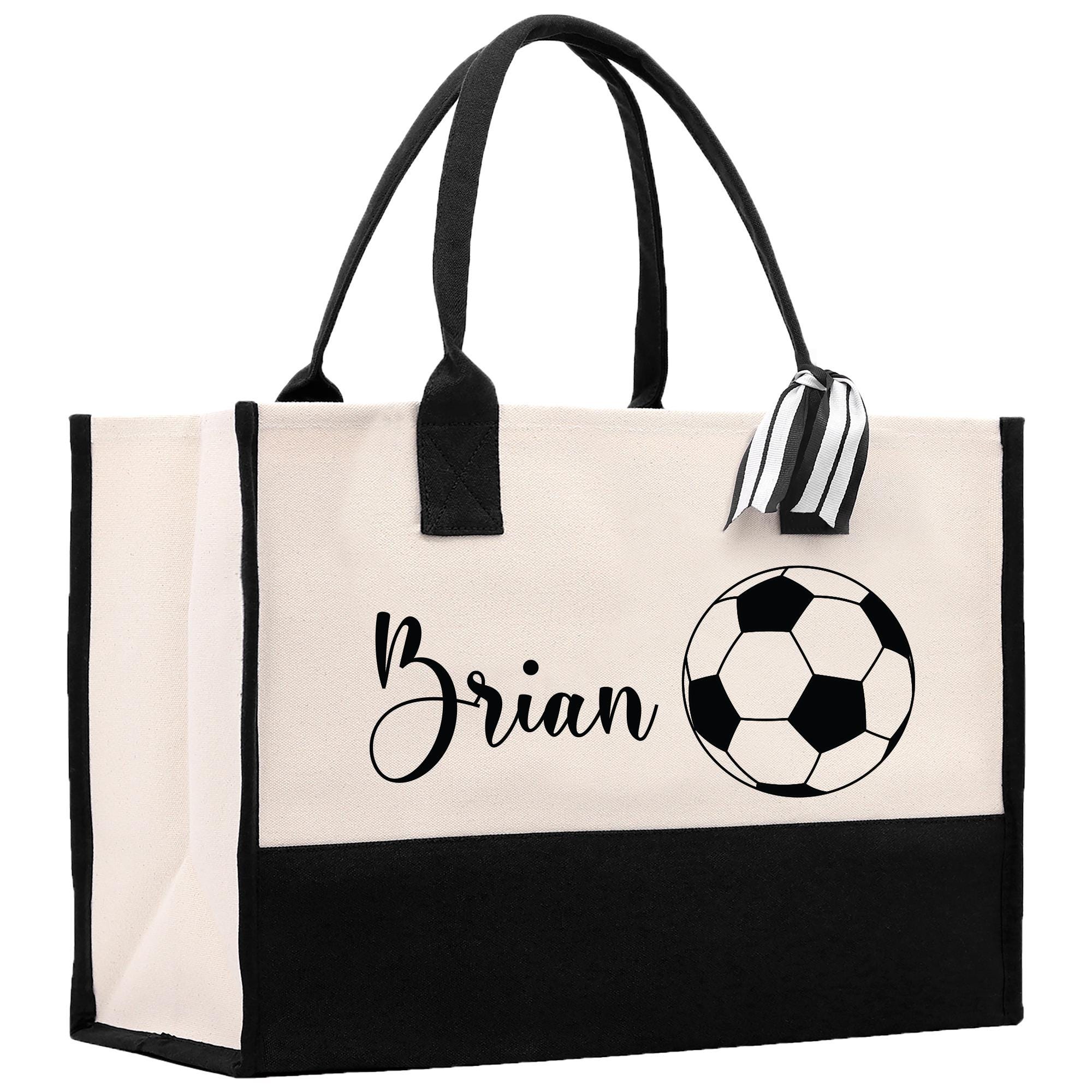 a black and white bag with a soccer ball on it