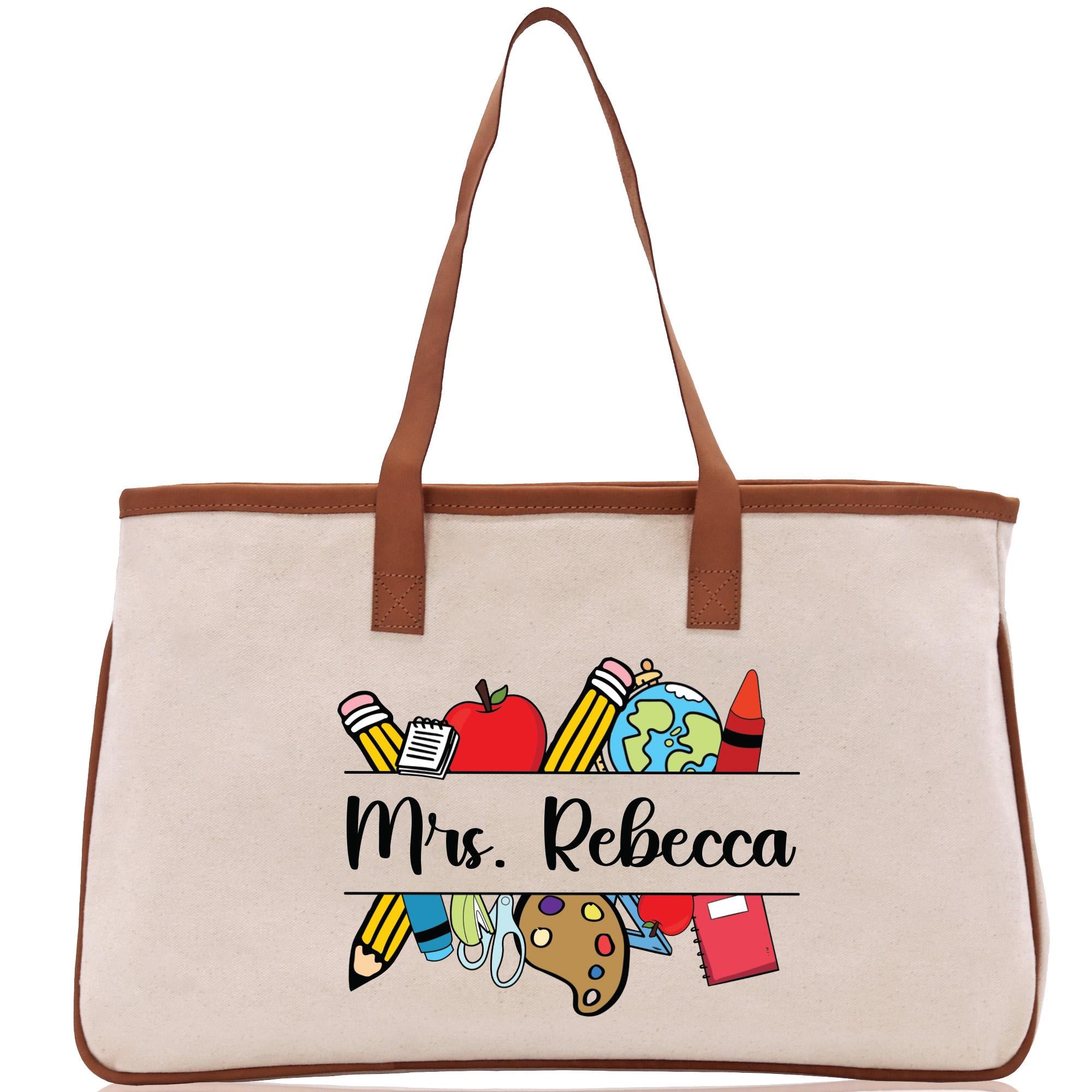 a canvas tote bag with a picture of school supplies on it