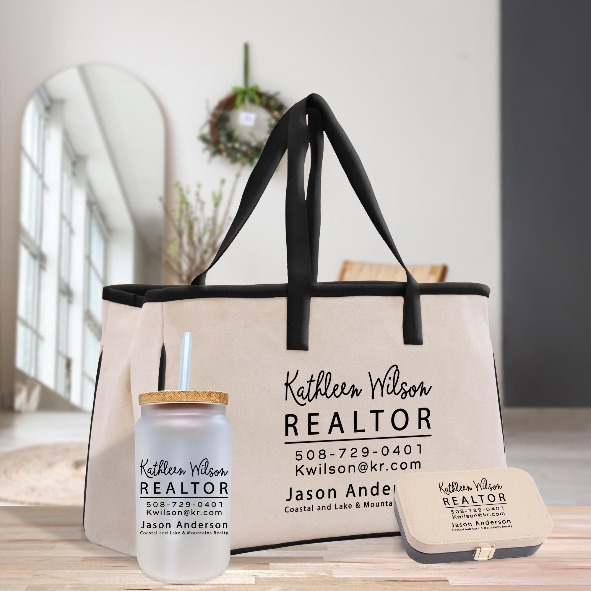 a tote bag with a bottle of water next to it