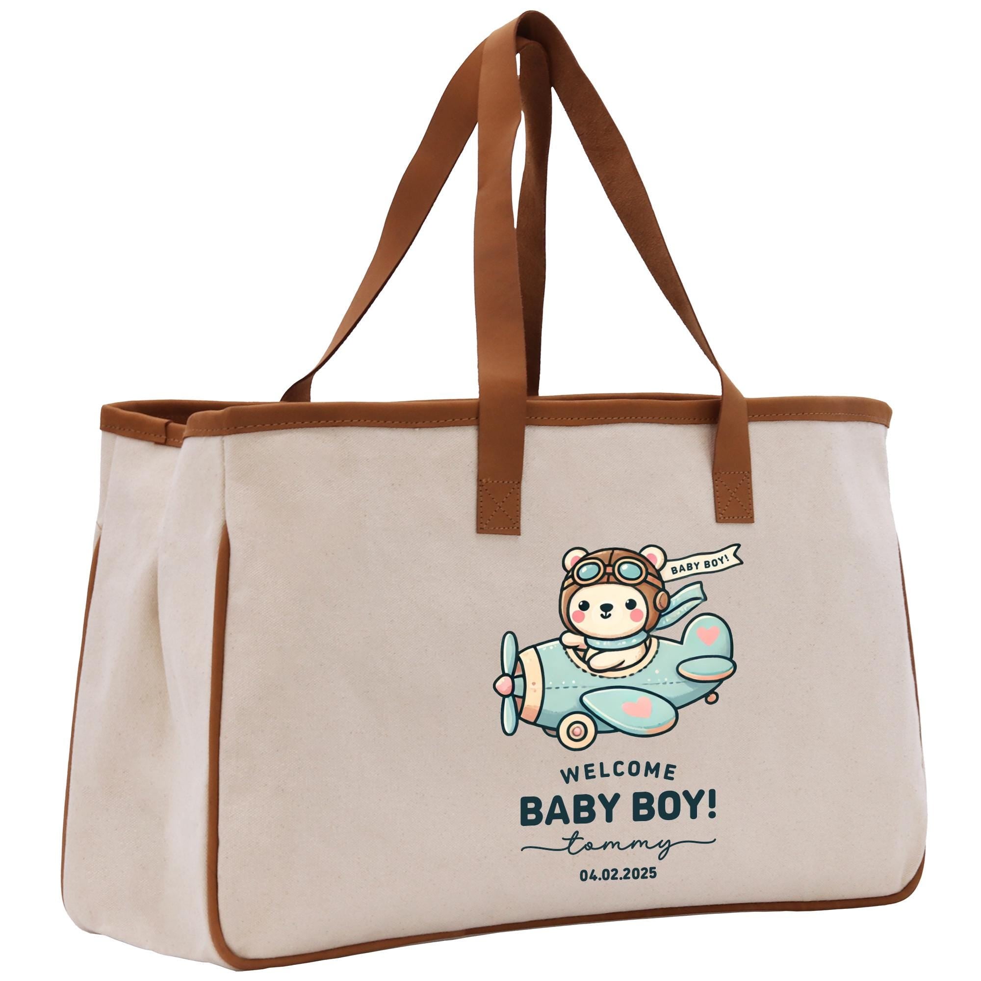 a canvas bag with a baby boy on it